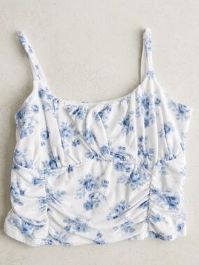 Hollister White & Blue Floral Ruched Cami | Coquette Bridgerton Vibe | Large